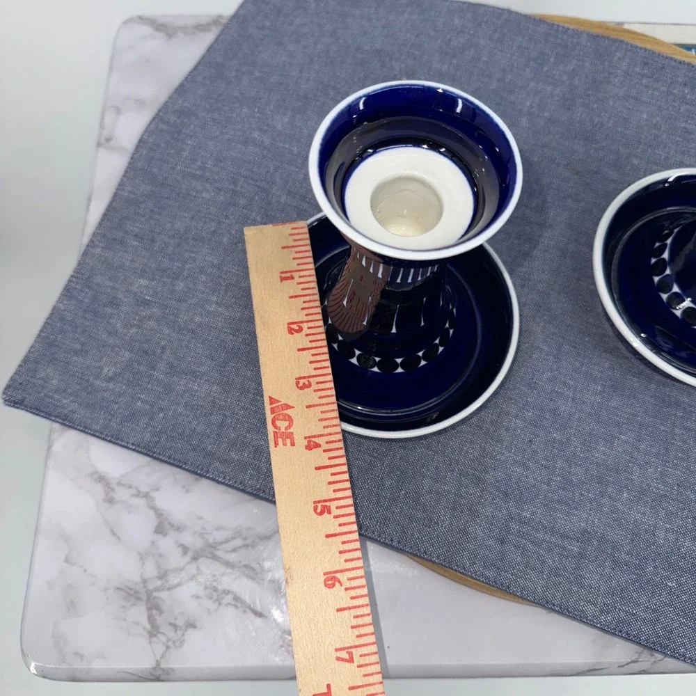 Arabia Finland Valencia Candle Sticks Set 2 Ulla Procope Blue White Hand Painted